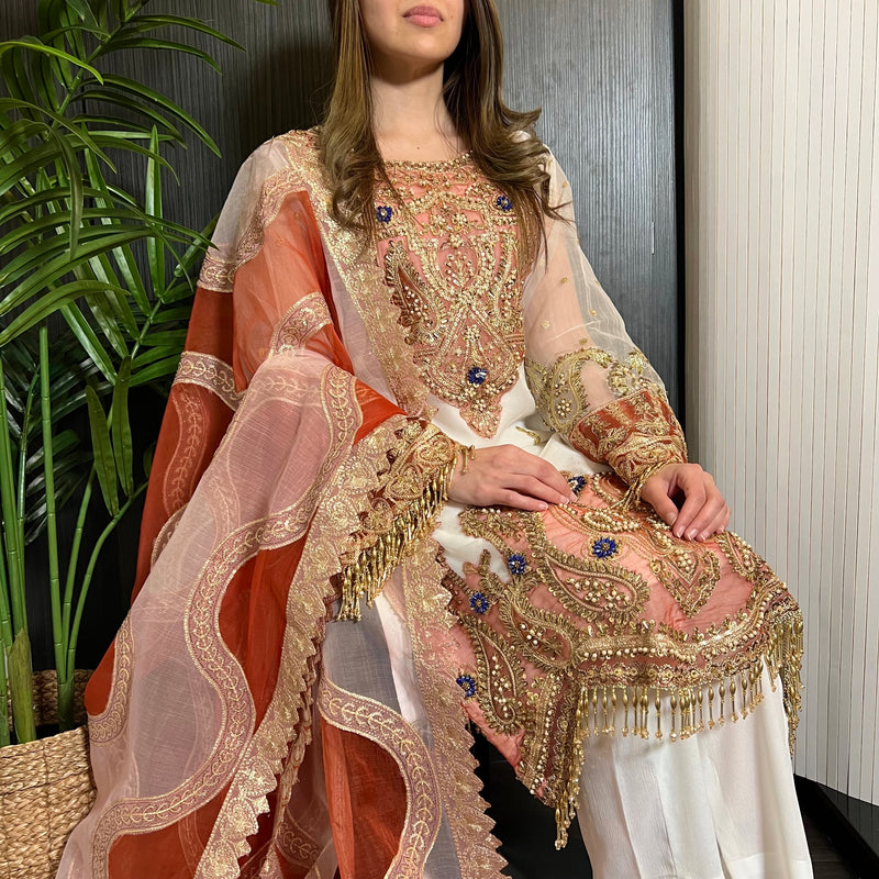 Prêt White Orange Heavily Embroidered Organza Suit