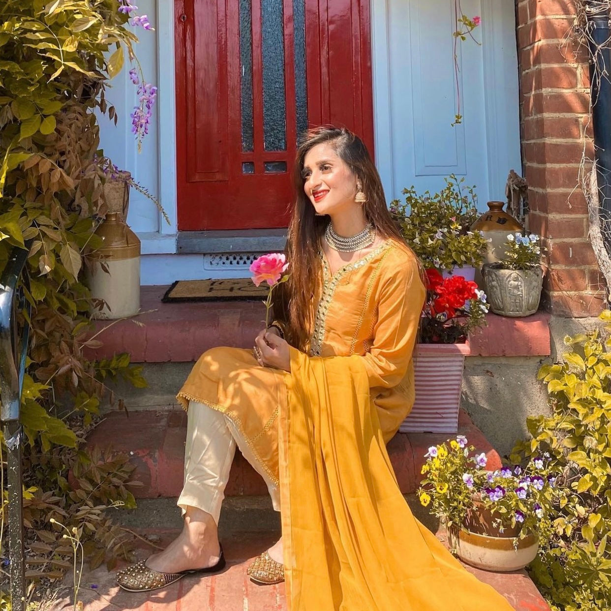 Sheesh Mahal Mustard Mirror Embroidered A-line Suit