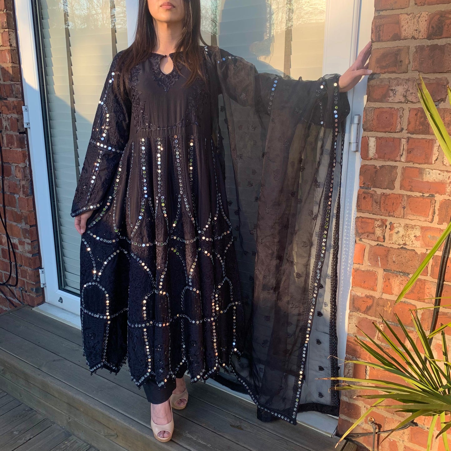 Karma Original Black Heavy Mirror Embroidered Maxi Dress Suit