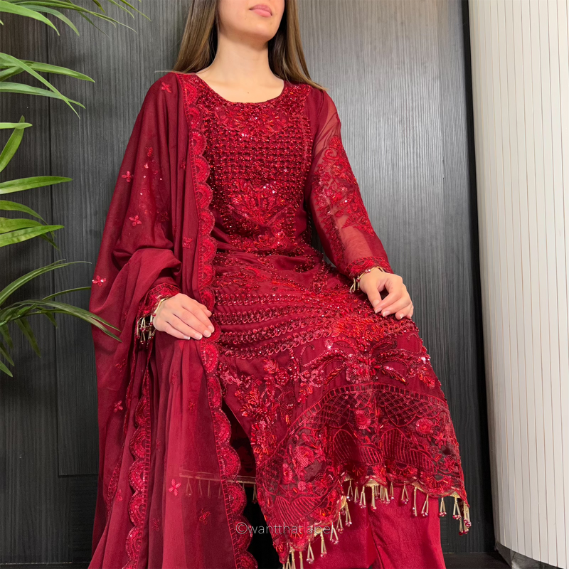 Prêt Maryam Deep Red Heavily Embroidered Chiffon Suit