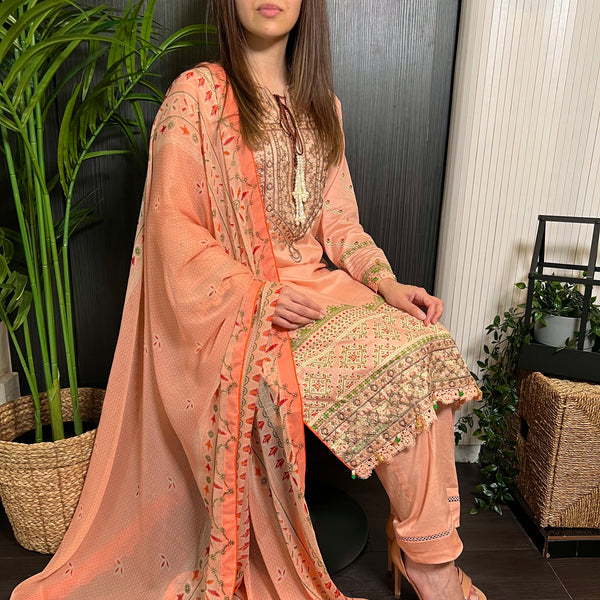 Sobia Nazir Inspired Peach Brown Print Lawn Suit