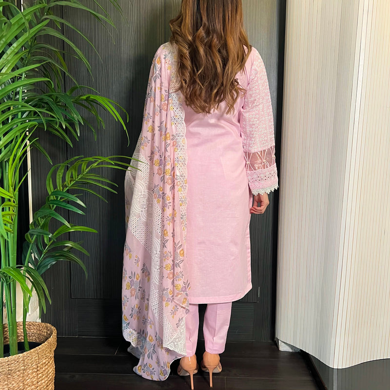 Baby Pink White Embroidered Chickankari Suit