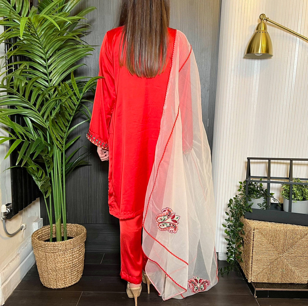 Red Mirror Embroidered Satin Kurta Suit