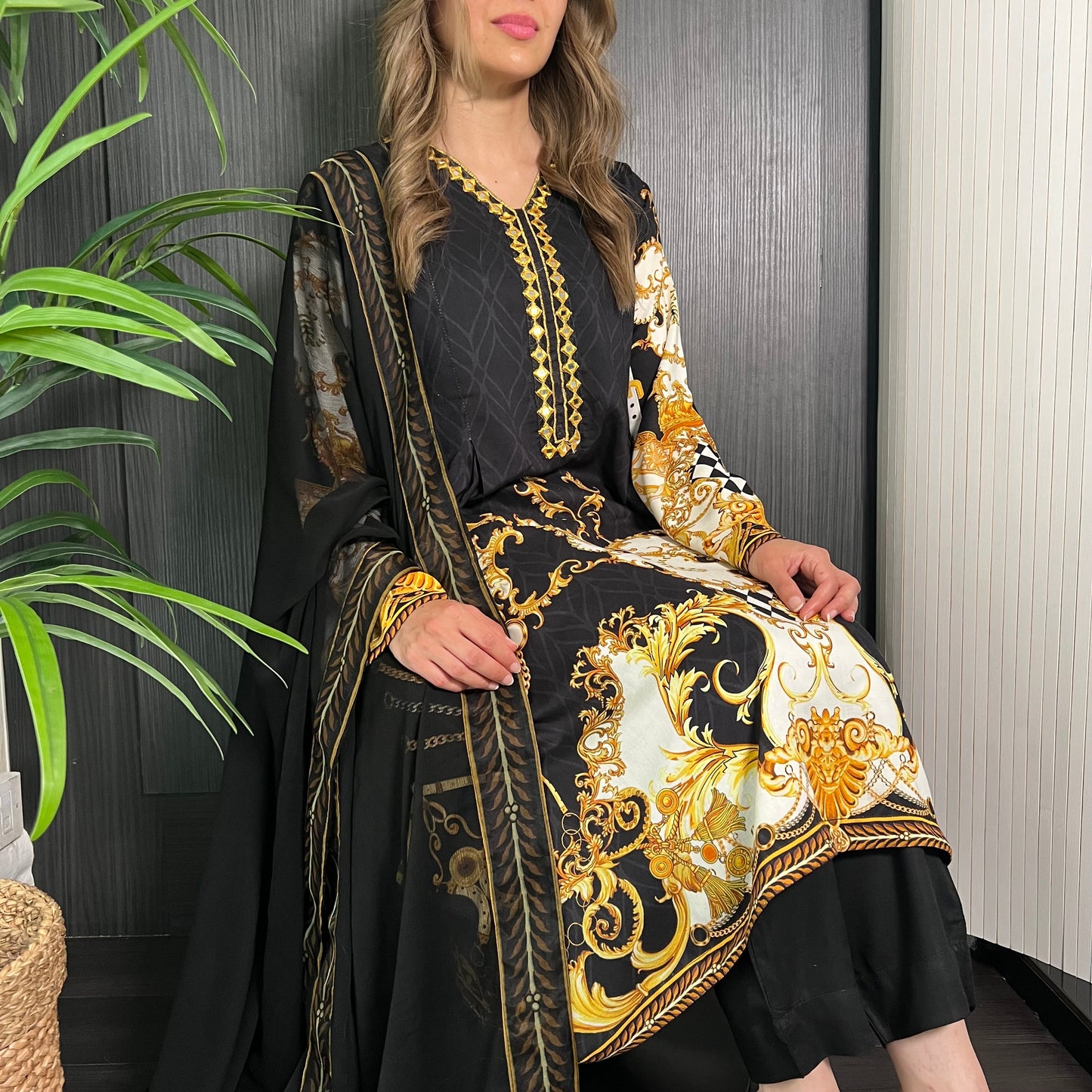 Black Baroque Print Mirror Peplum Frock Suit