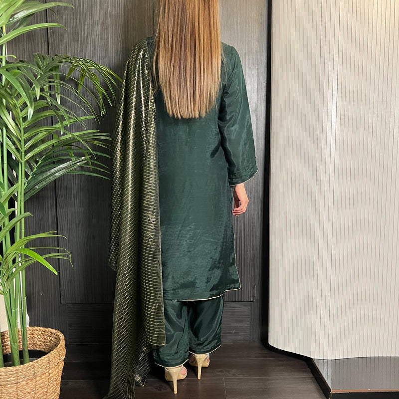 Bottle Green Hand Embroidered Cotton Silk Suit