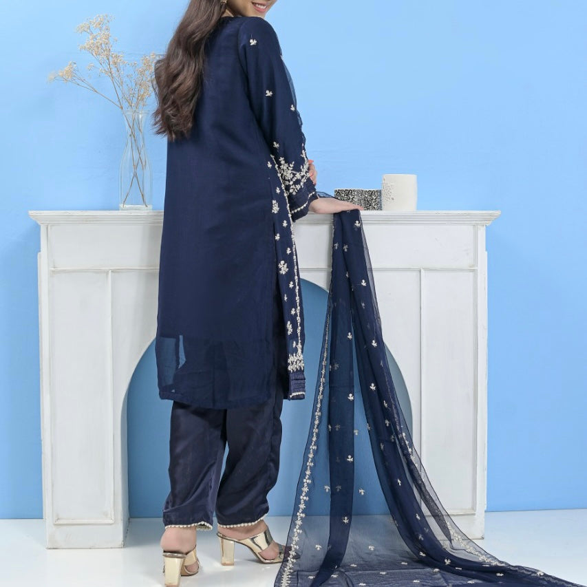 Mummy & Me Ladies Navy Chiffon Hand Embroidered Suit