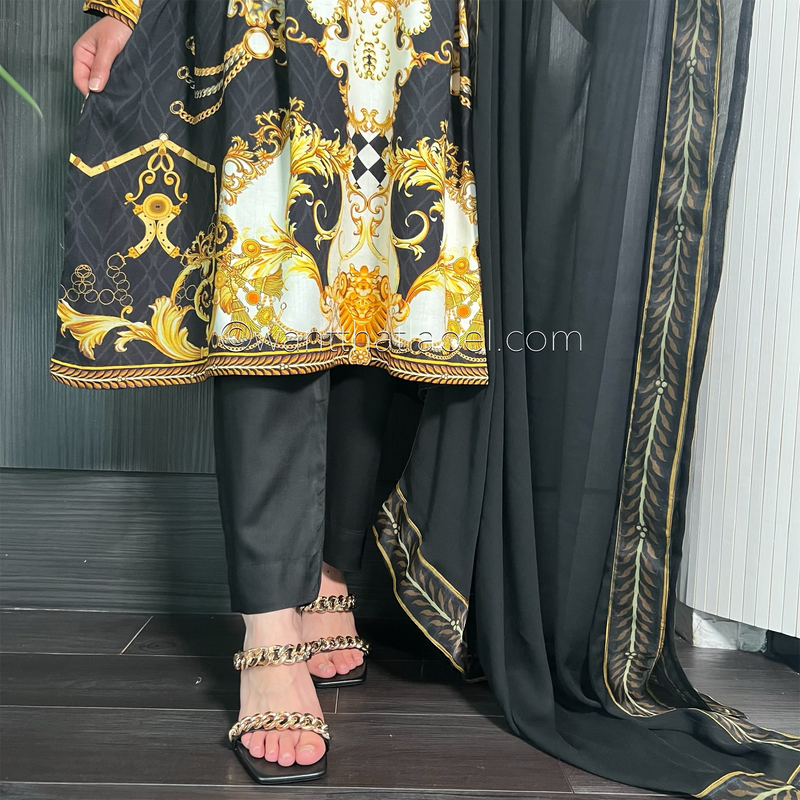 Black Baroque Print Mirror Peplum Frock Suit