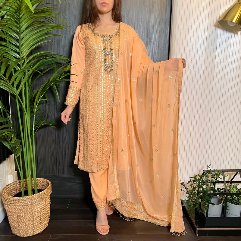 Peach Gold Hand Embroidered Chiffon Suit