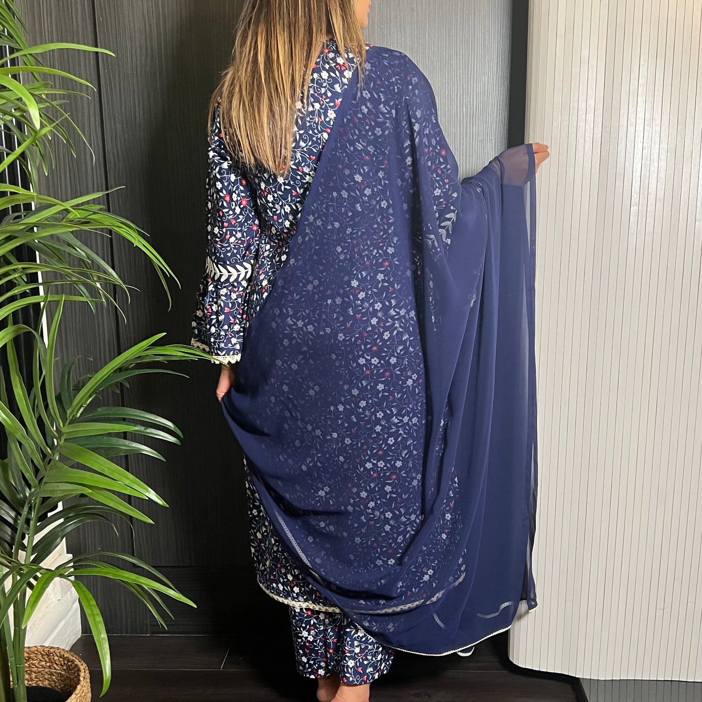 Navy Floral Embroidered 3 Piece Kameez Suit