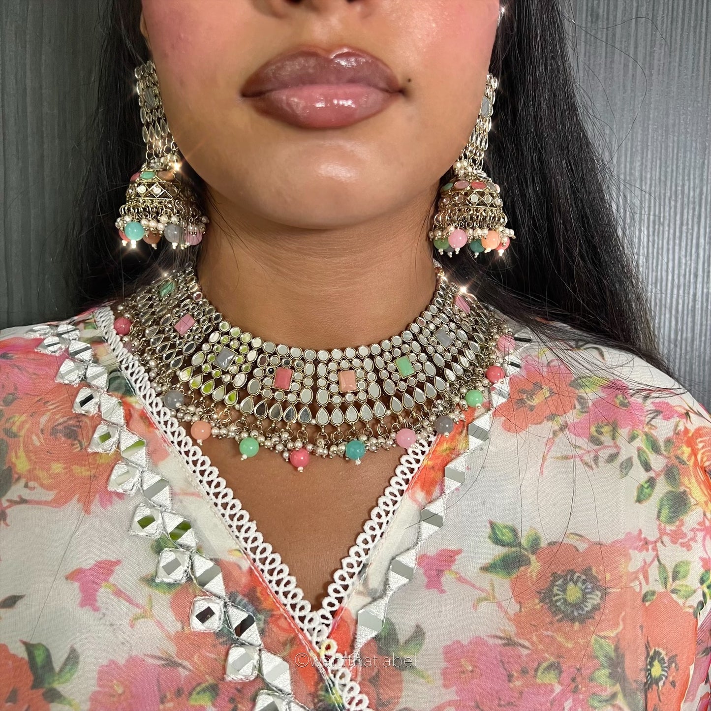 Gold Kundan Mirror Multi Bead 3 Piece Jewellery Set