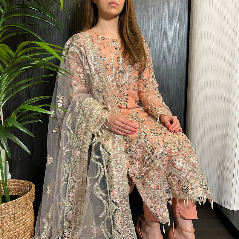 Peach Pink Heavily Embroidered Handwork Net Suit
