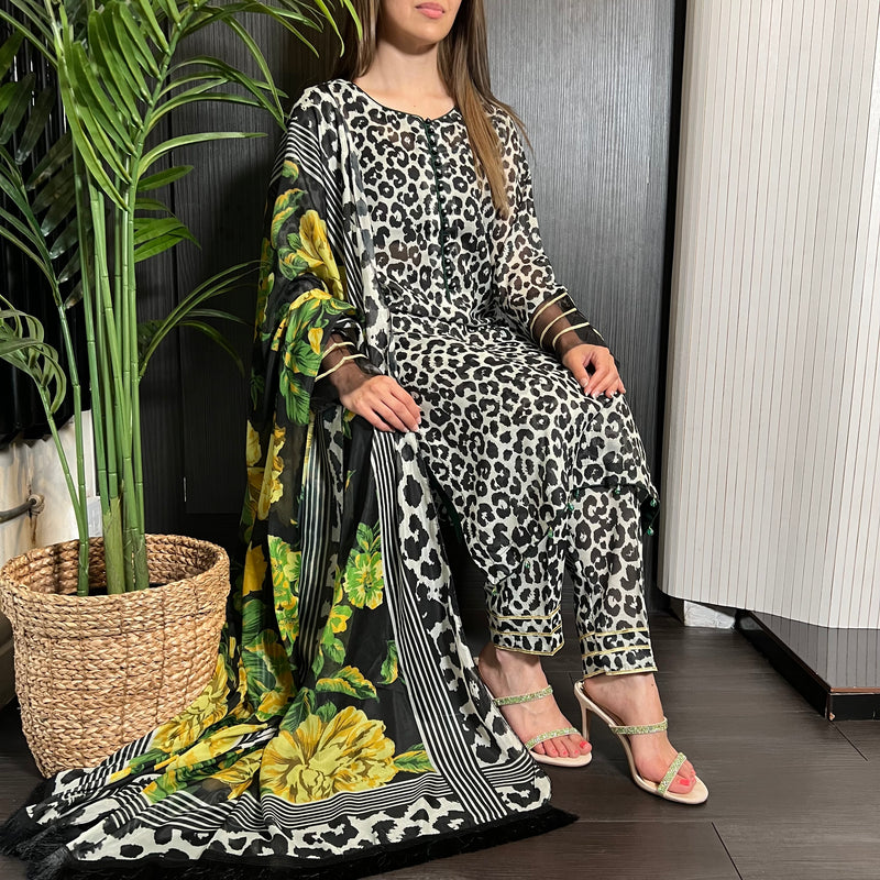 Black Leopard Cotton Khadi Net Suit