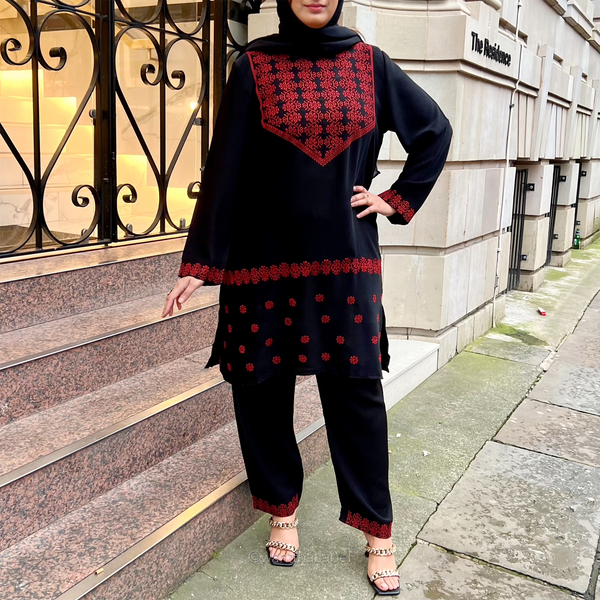 Jannat Palestinian Black Red Embroidery Two Piece Suit