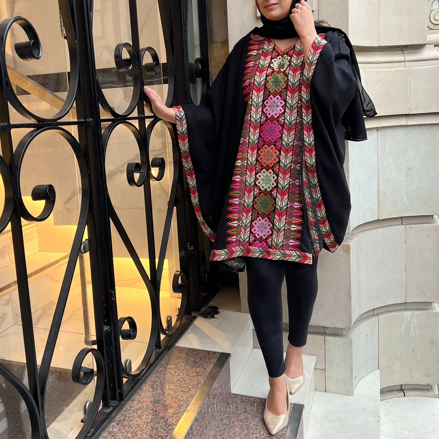 Liyana Palestinian Black Multi Embroidery Chiffon Cape Kaftan