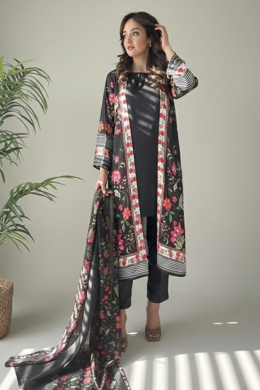 Ayra Black Floral Printed Satin Silk 4 Piece Suit