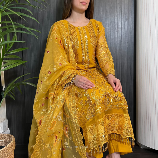 Prêt Nisa Mustard Heavily Embroidered Organza Suit
