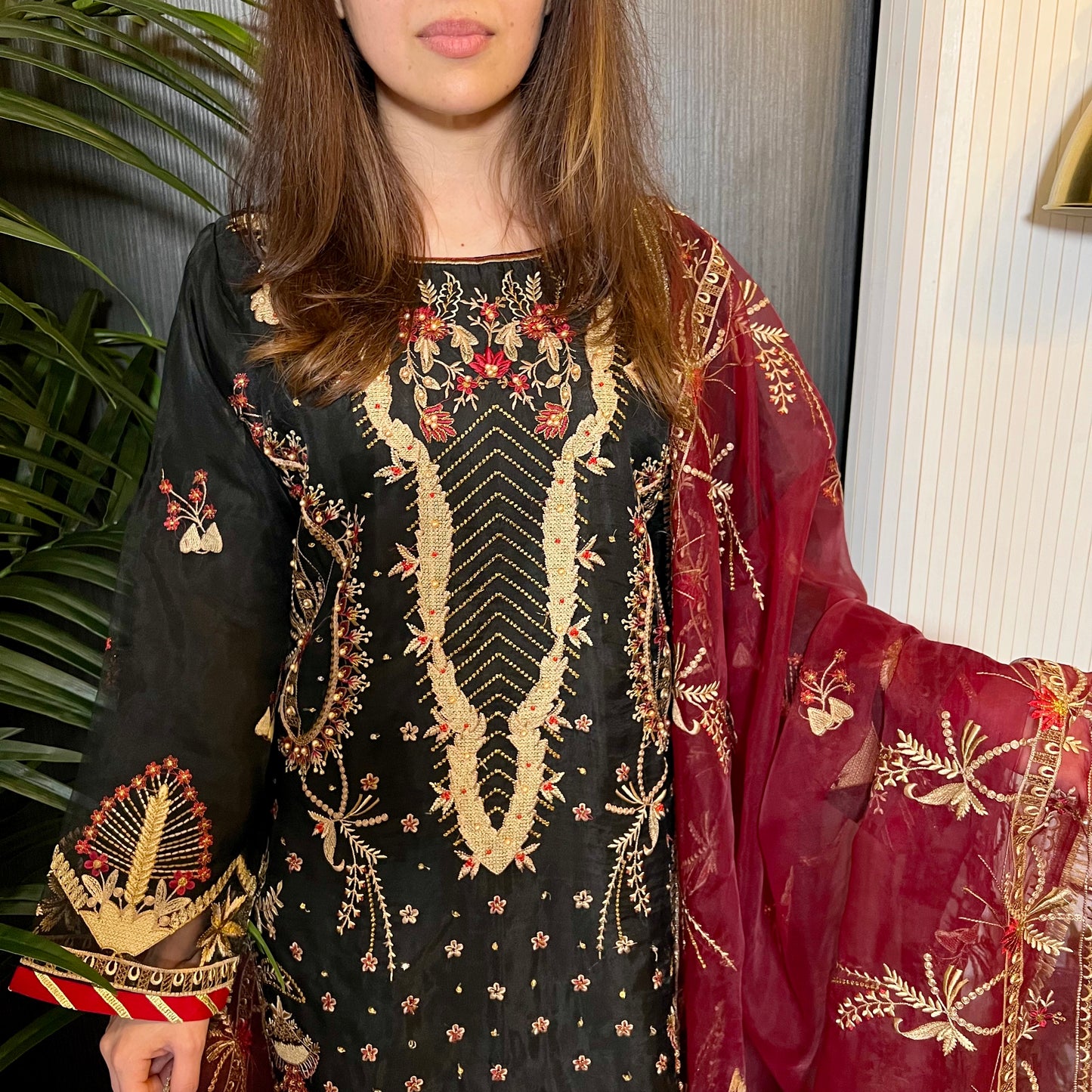 Areej Original Black Burgundy Heavily Embroidered Suit