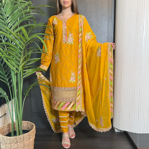 Mustard Heavily Embroidered Chickankari Suit