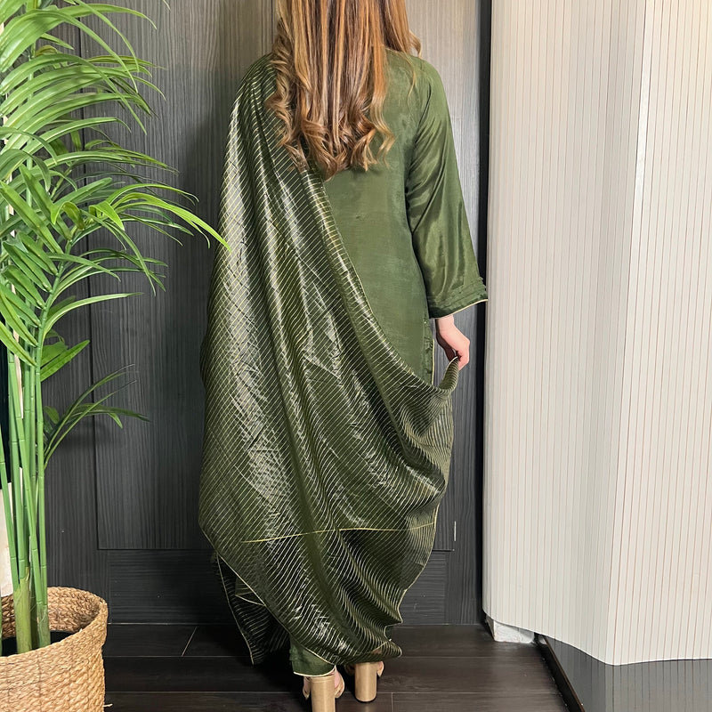 Olive Green Hand Embroidered Cotton Silk Suit