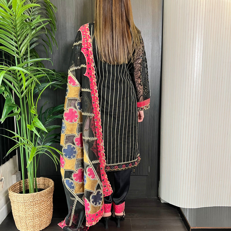 Black Pink Heavily Embroidered Net Suit