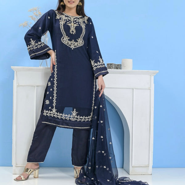 Mummy & Me Ladies Navy Chiffon Hand Embroidered Suit