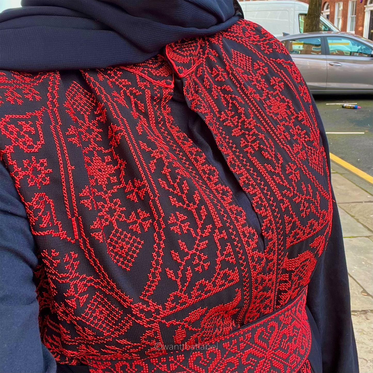 Aliya Palestinian Black Red Embroidery Lace Chiffon Maxi Thobe