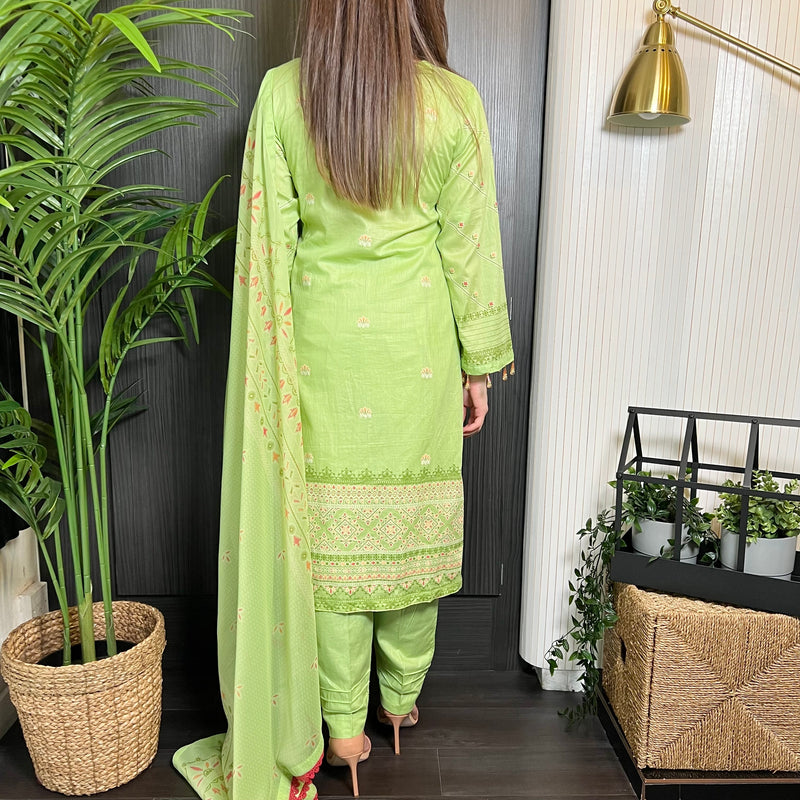Sobia Nazir Inspired Light Green Orange Print Lawn Suit