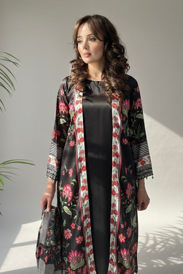 Ayra Black Floral Printed Satin Silk 4 Piece Suit