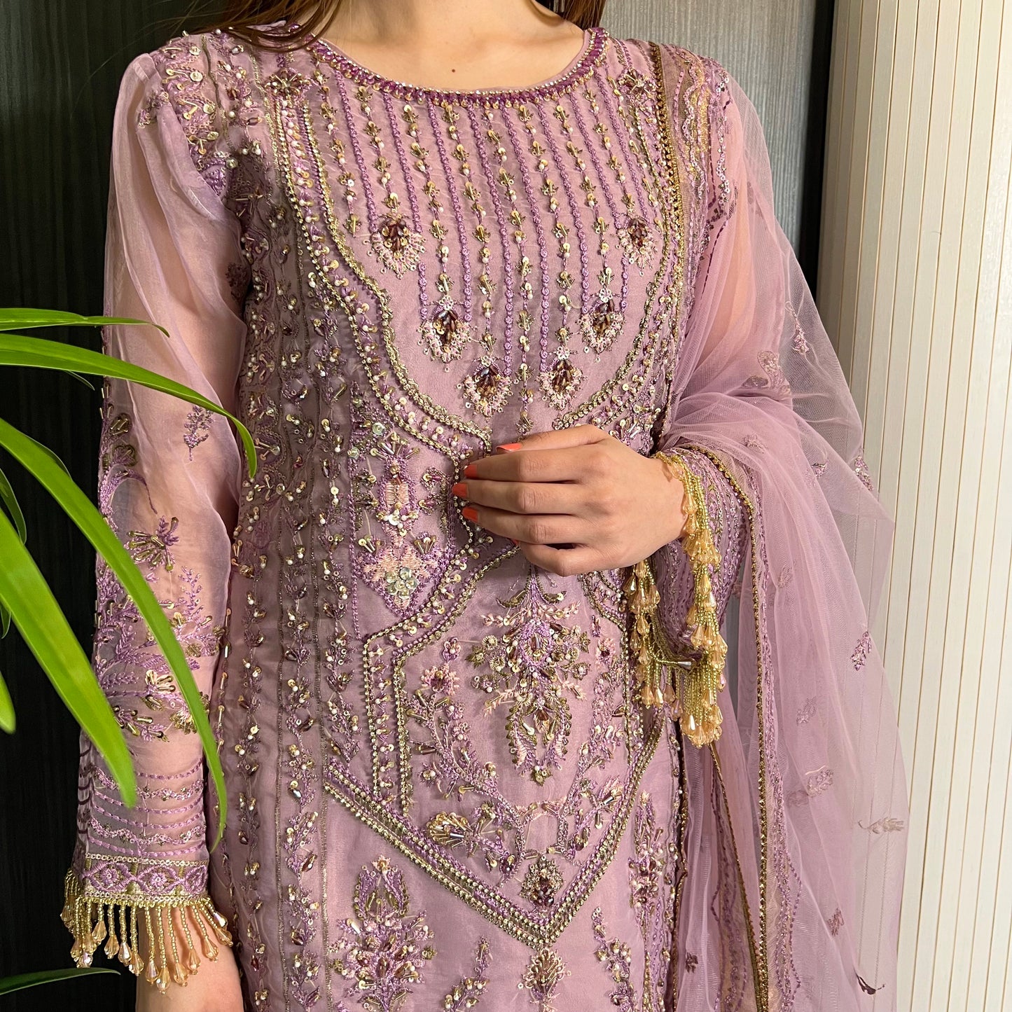 Prêt Pink Antique Gold Heavily Embroidered Organza Suit