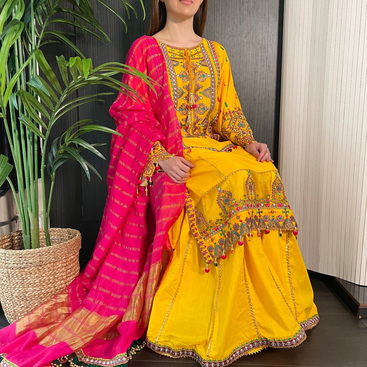 Karma Original Yellow Heavily Embroidered Sharara Suit