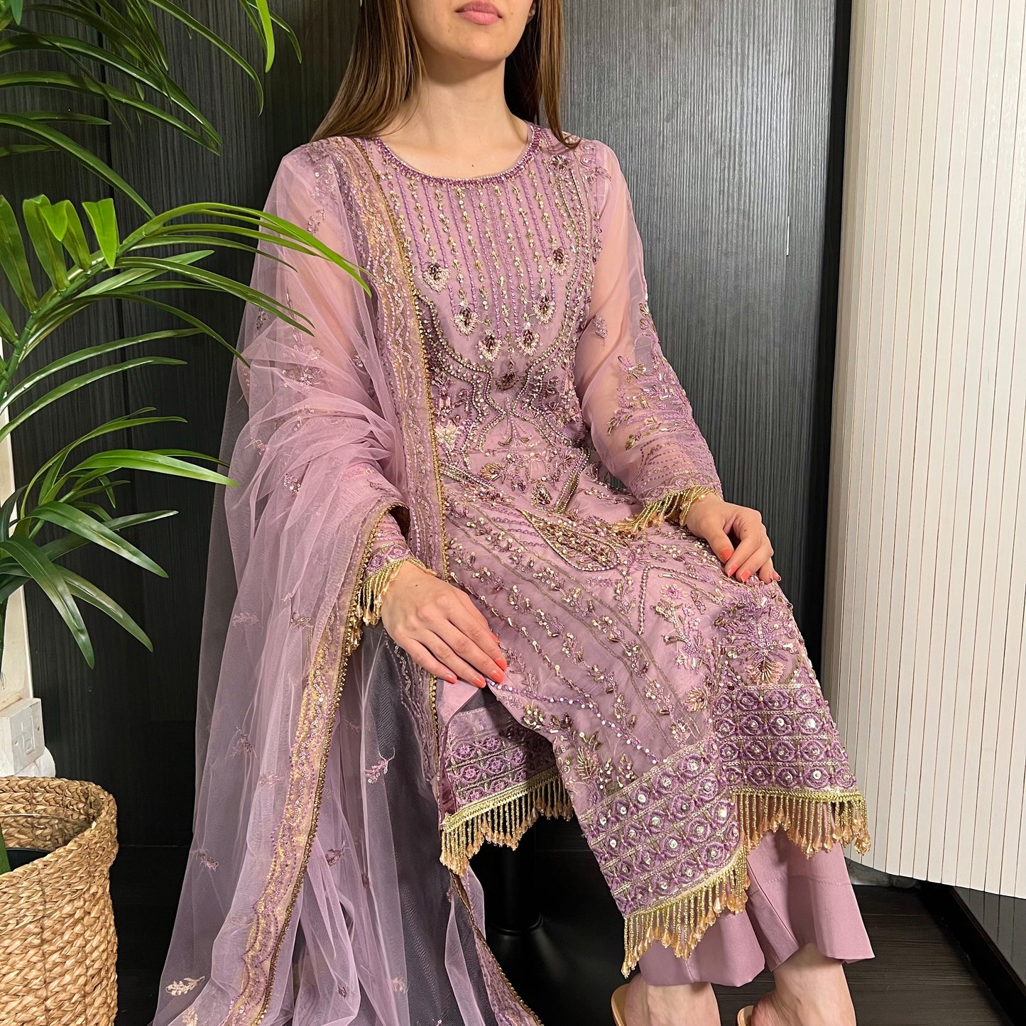 Prêt Pink Antique Gold Heavily Embroidered Organza Suit