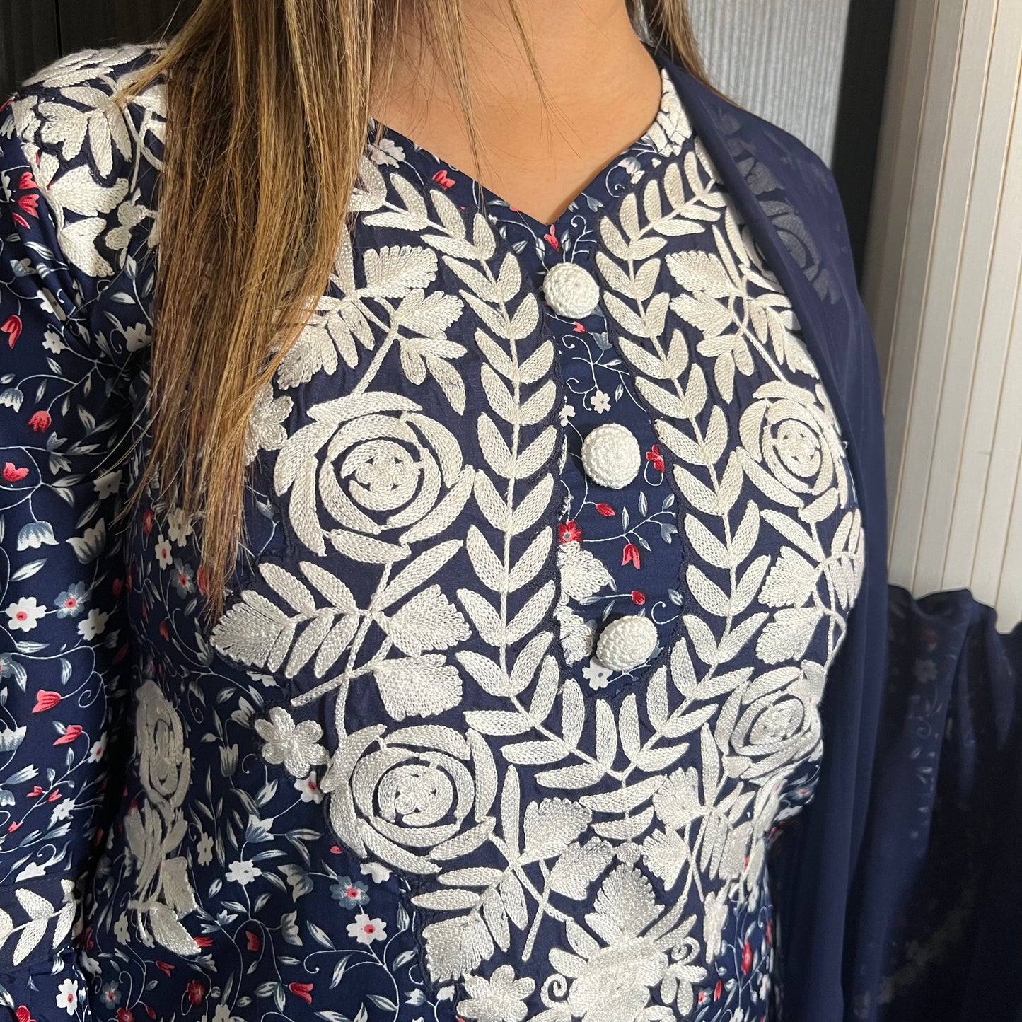Navy Floral Embroidered 3 Piece Kameez Suit