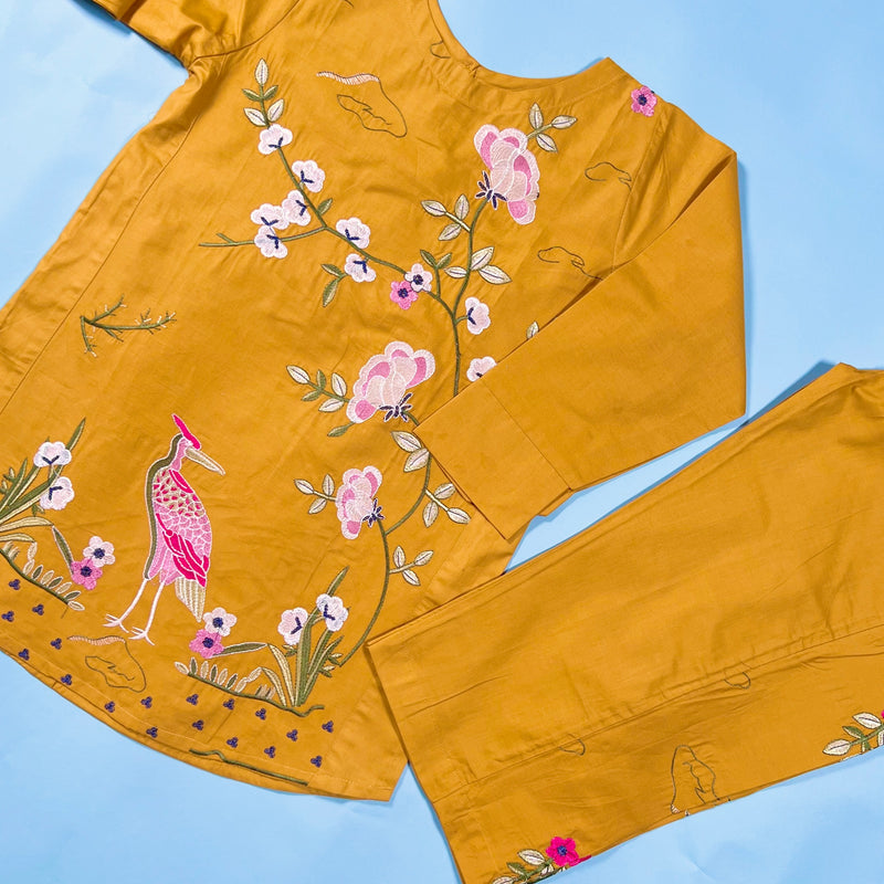 Kids Mustard Bird Embroidered Lawn Kurta Suit