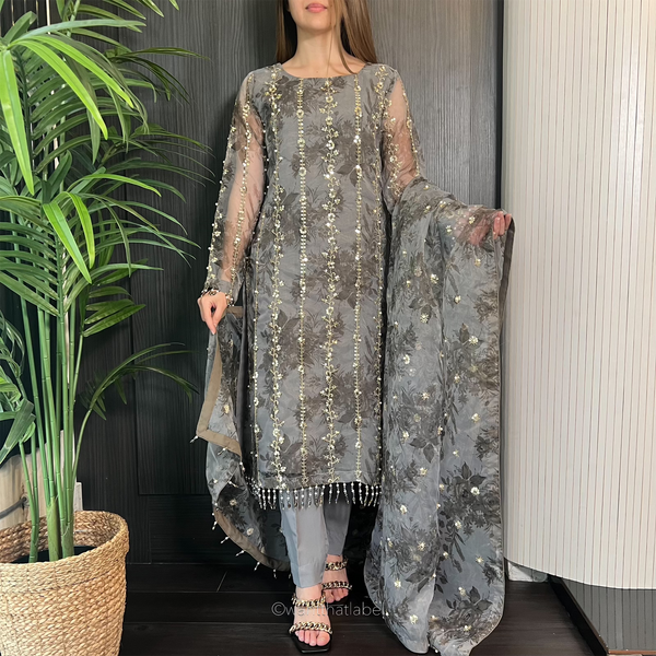 Mahirah Grey Gold Sequin Embroidered Organza Suit