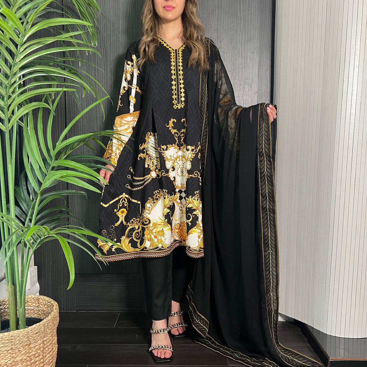 Black Baroque Print Mirror Peplum Frock Suit