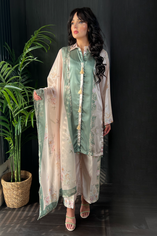Alizey Baroque Printed Teal Satin Silk 3 Piece Suit
