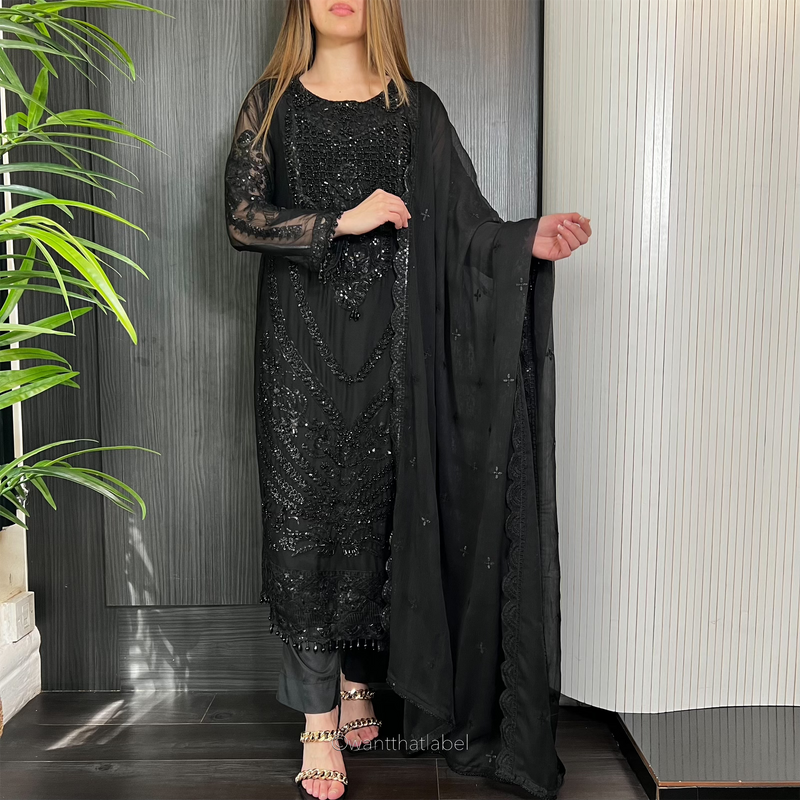 Prêt Safa Black Heavily Embroidered Chiffon Suit