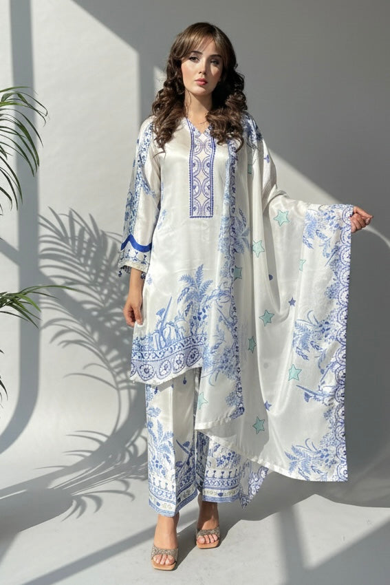 Freya White Blue Printed Satin Silk 3 Piece Suit