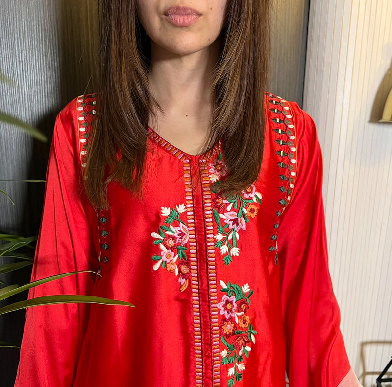 Red Mirror Embroidered Satin Kurta Suit