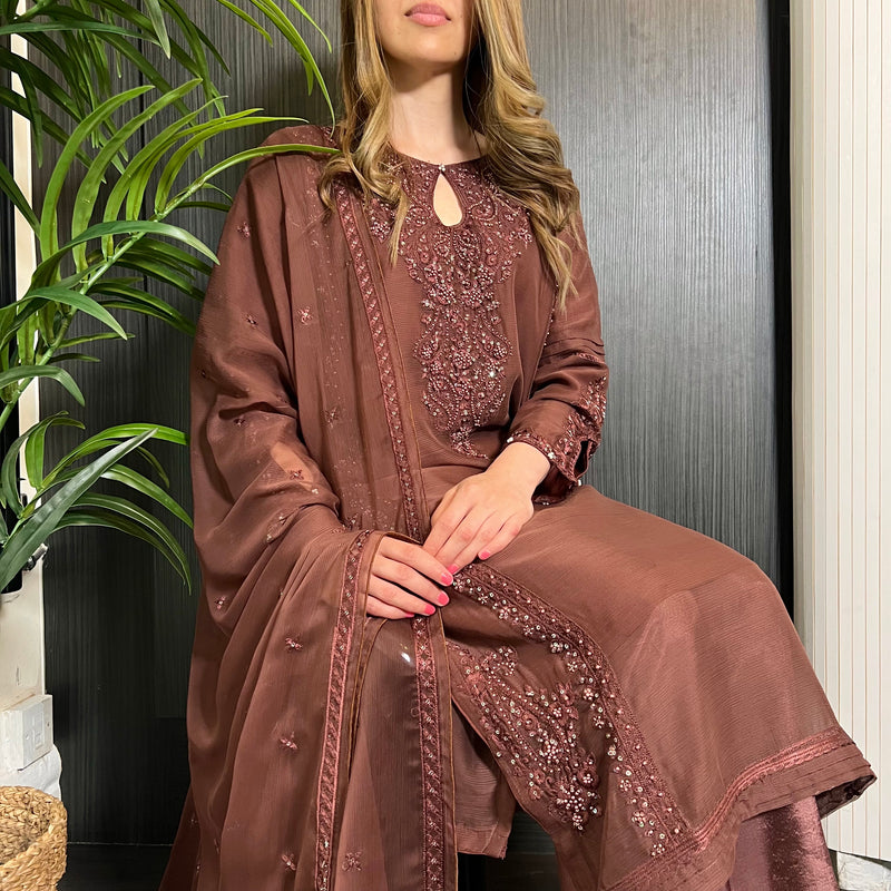 Brown Hand Embroidered Chiffon Suit