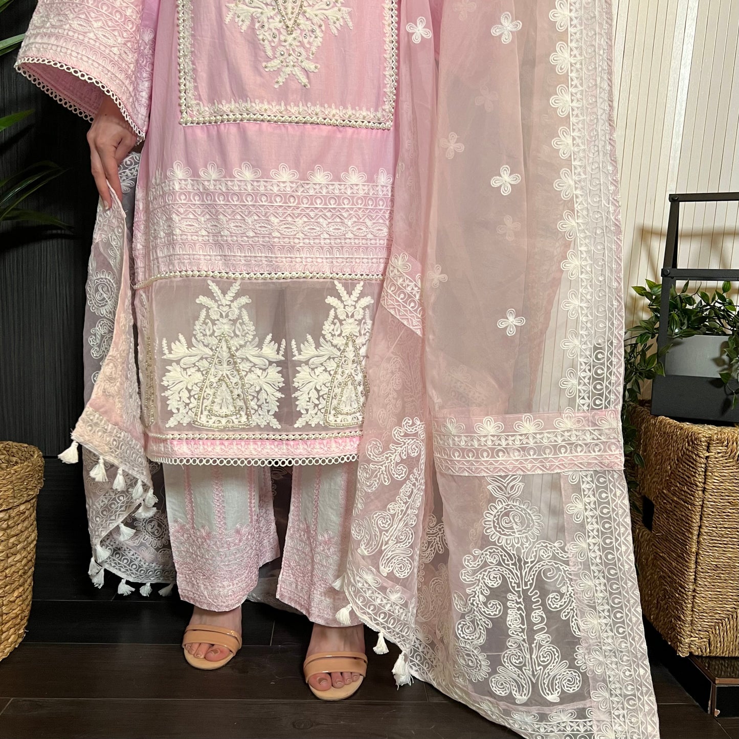 Karma Original Baby Pink Diamante Pearl Embroidered Kameez Suit
