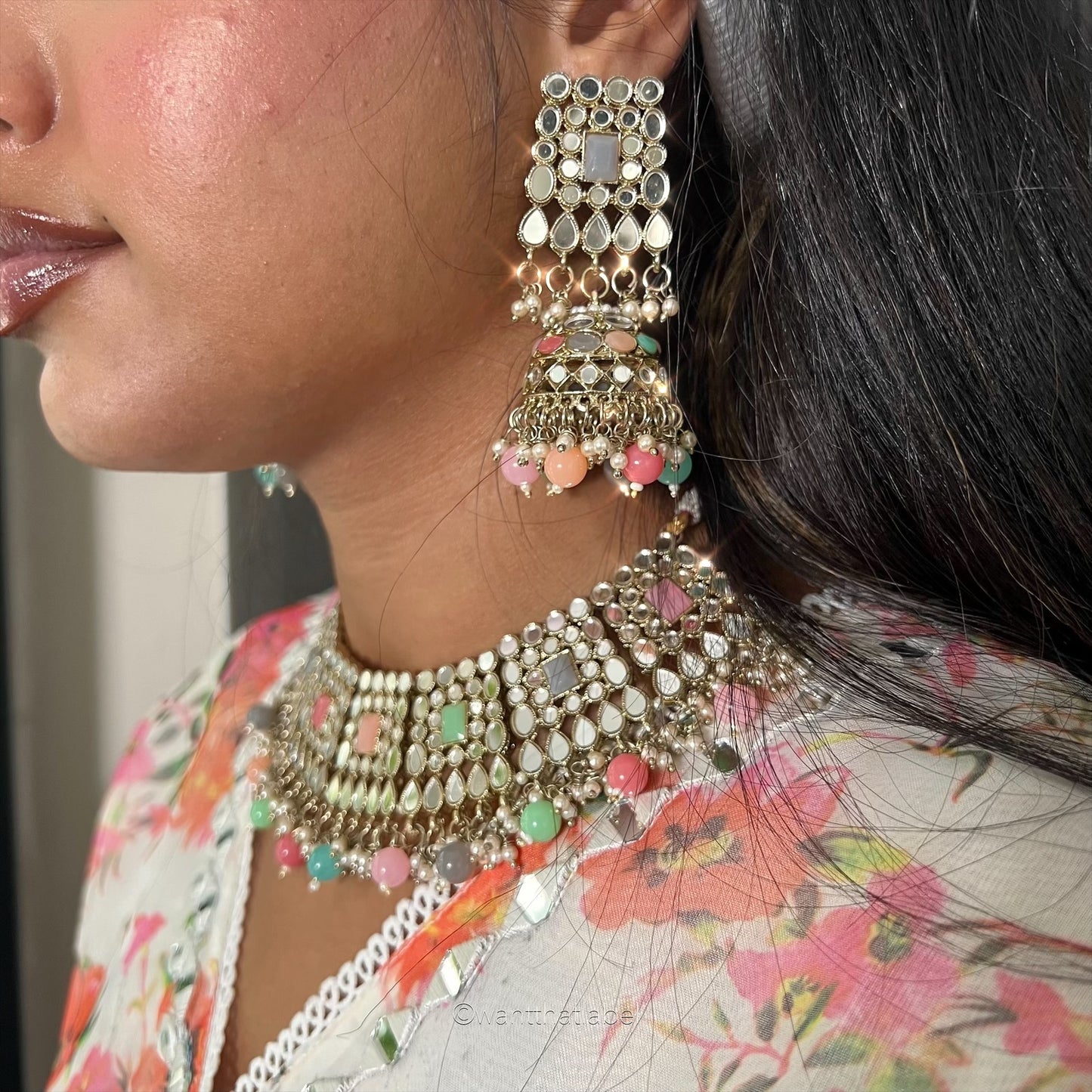 Gold Kundan Mirror Multi Bead 3 Piece Jewellery Set