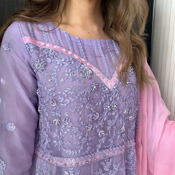 Lilac Pink Sequin Embroidered Chiffon Maxi Suit
