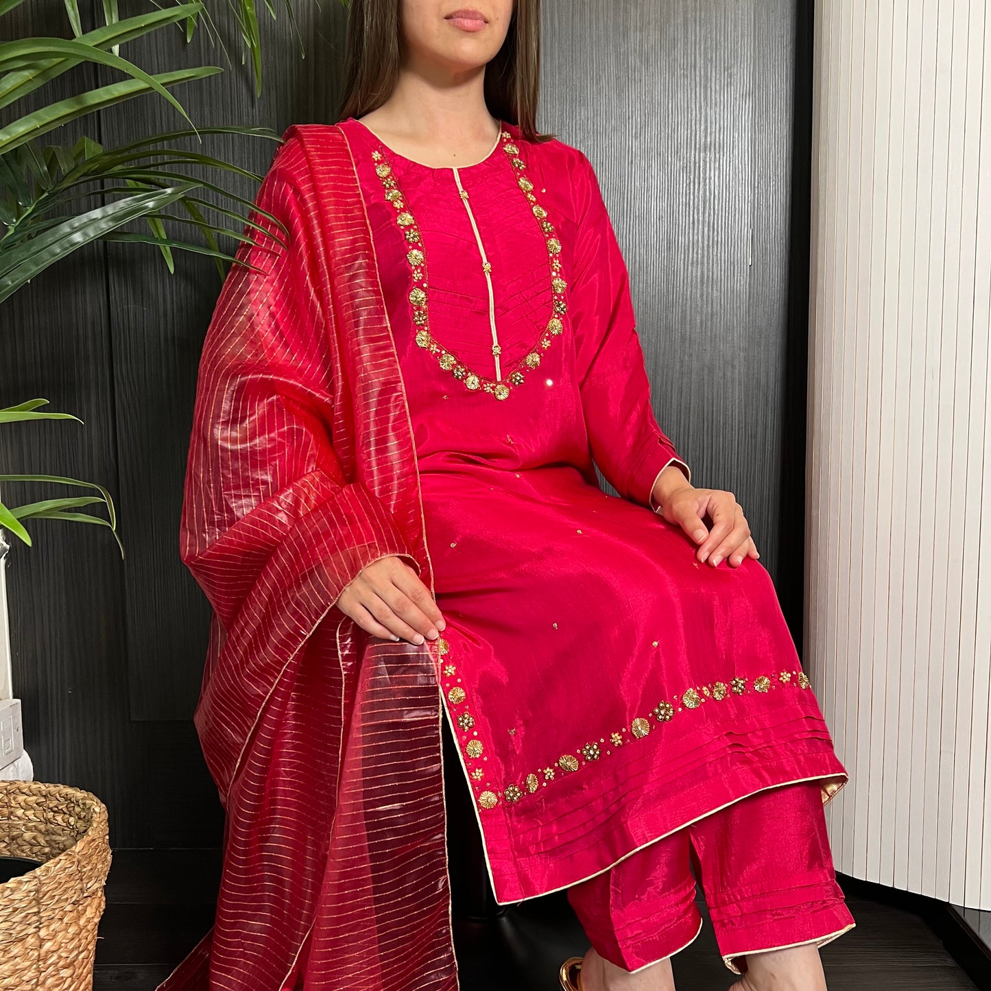 Crimson Pink Hand Embroidered Cotton Silk Suit