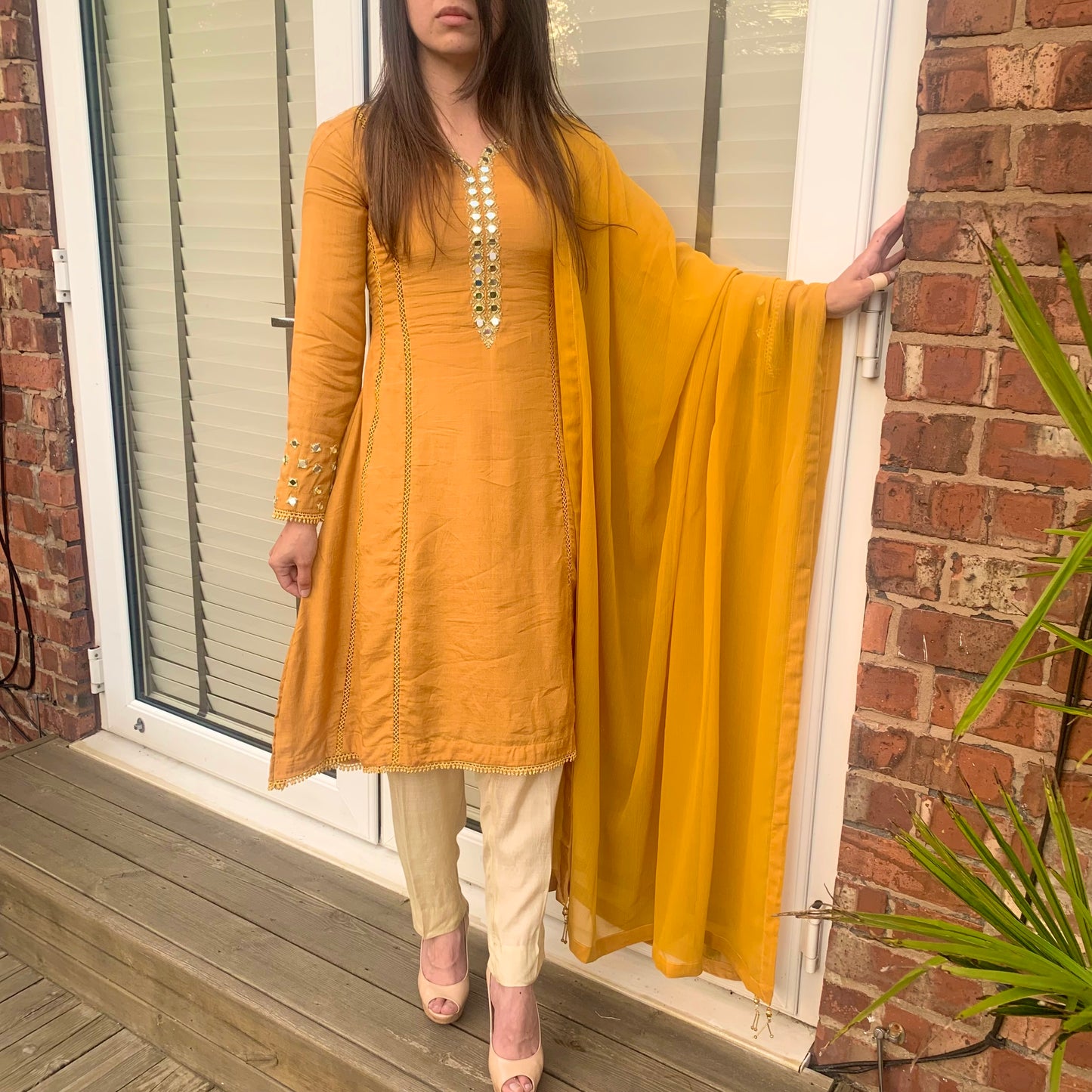 Sheesh Mahal Mustard Mirror Embroidered A-line Suit