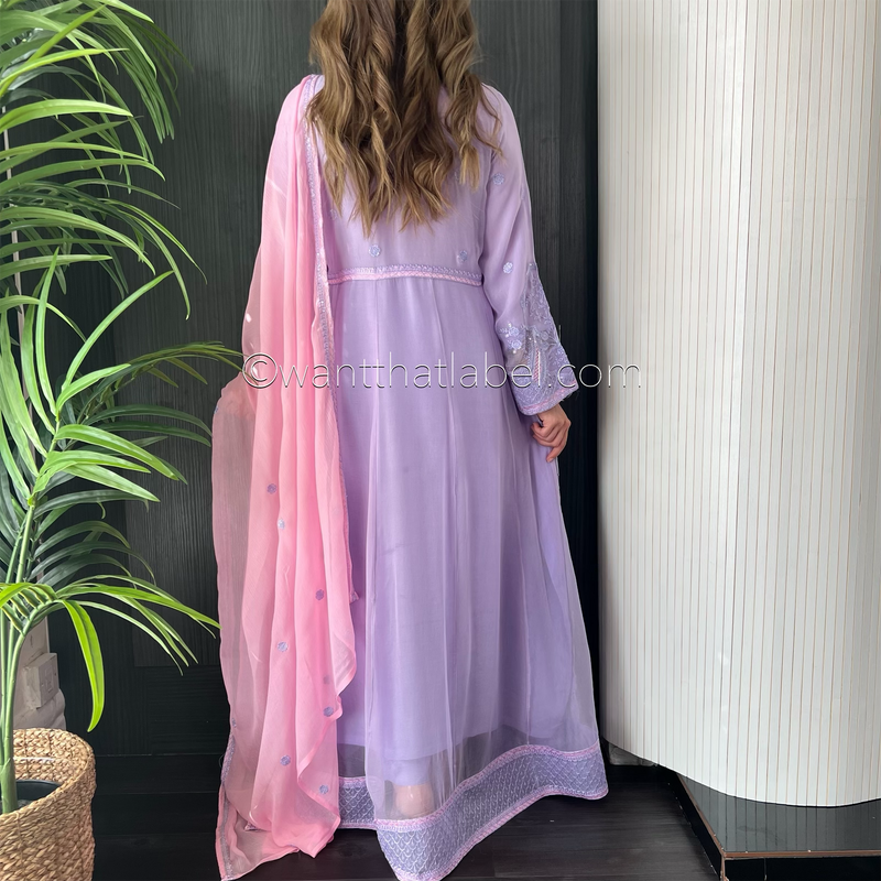 Lilac Pink Sequin Embroidered Chiffon Maxi Suit