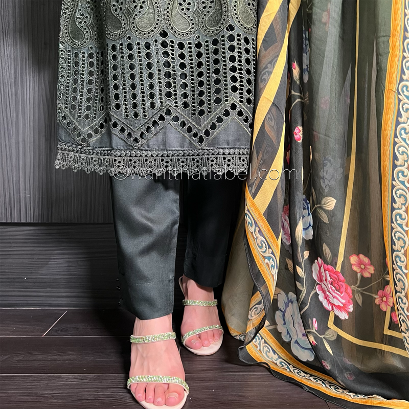 Green Ombre Mirror Embroidered Chikankari Suit