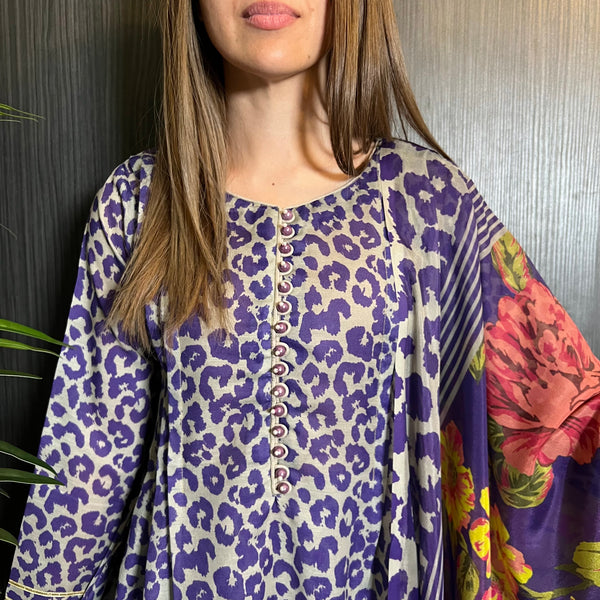 Purple Leopard Peplum Cotton Dress Khadi Net Suit