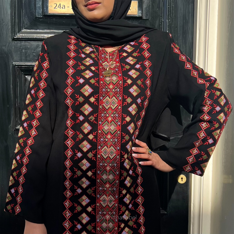 Hawaa Palestinian Black Multi Embroidery Maxi Abaya Thobe