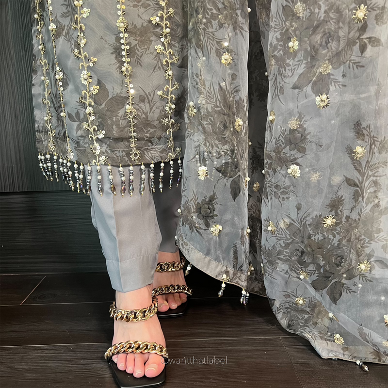 Mahirah Grey Gold Sequin Embroidered Organza Suit